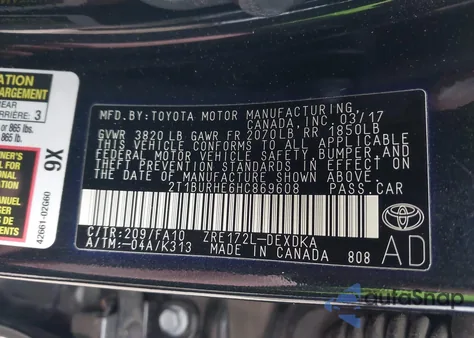 2017 Toyota Corolla L из США, поврежденный, VIN 2T1BURHE6HC869608